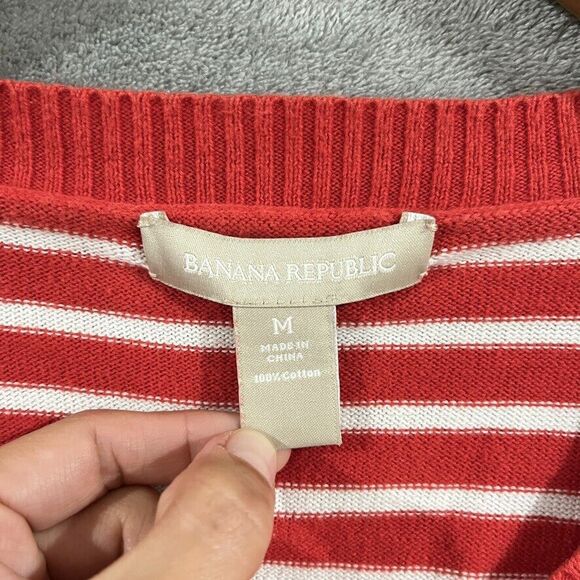 Banana Republic Red White Striped 100% Cotton Sweater Crest Graphic Sz M - Picture 4 of 9